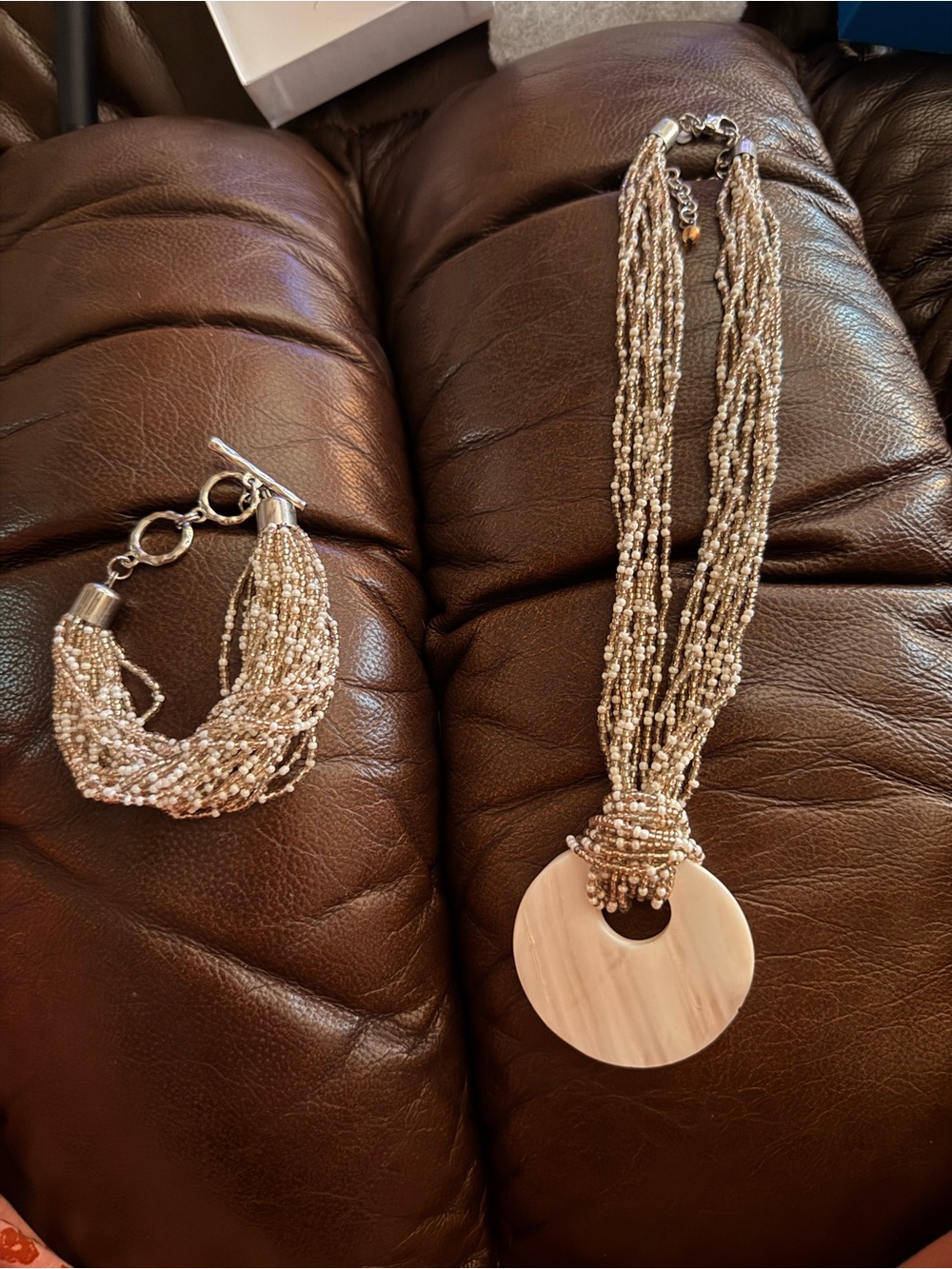 Multi-Strand Cream Beaded Necklace with Pendant and Matching Bracelet